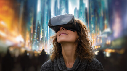 Cheery young women lady in VR headset playing online game in virtual reality, driving imaginary car in neon light. Millennial black woman using auto simulator in cyberspace, collage