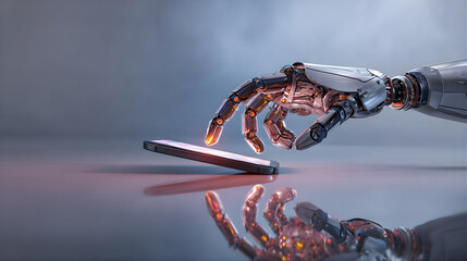 Advanced robotic hand reaching out to touch a sleek smartphone on a reflective surface