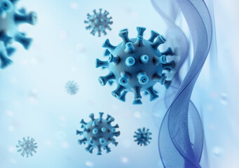 Blue Virus Particles Floating Near a Sheer Blue Ribbon DNA-Like Structure