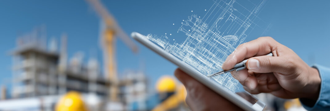 Professional architect reviews detailed blueprints using advanced touchscreen tablet device.