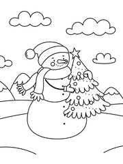 Snowman coloring page for kids. Simple winter outline with festive details. Printable for holiday fun, education, and family activities. Vector illustration