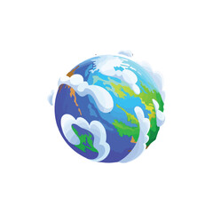 Vibrant cartoon Earth icon with fluffy white clouds encircling a colorful globe, symbolizing global unity and environmental care through digital illustration