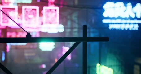 A lively urban alley features bright neon lights in various colors, creating an energetic atmosphere. Shadows blend with illuminated signs, revealing the essence of nightlife in the city.