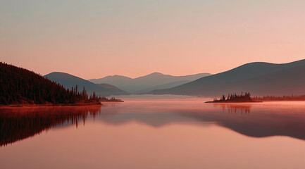 Fototapeta premium Tranquil lake perfectly mirrors pink sunset sky and surrounding mountain wilderness scenery.