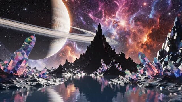 Spectacular alien planet landscape with towering crystals and water reflecting Saturn-like planet in vivid galaxy colors, perfect for sci-fi projects