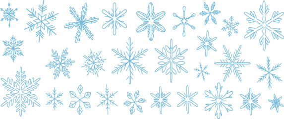 Snowflake line art icons set, blue winter snow crystals collection, delicate frozen ice shapes, decorative Christmas holiday elements illustration