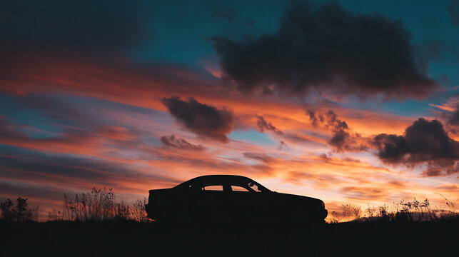 Silhouette of a car against a dramatic sunset sky (1)