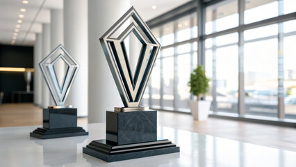 Geometric trophy modern award corporate prize diamond shape metal sculpture marble base sleek design minimalist style office interior bright sunlight and calm mood