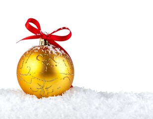 Festive Gold Christmas Ornament with Red Bow on White Background in Snow