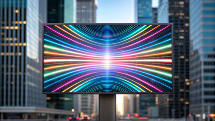 Neon light streak digital billboard futuristic display urban skyline city street LED screen glowing lines vibrant color modern architecture night scene. Neon light streak and digital billboard