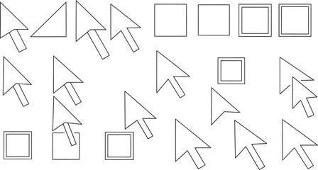 Collection of hand drawn arrow cursor icons and simple rectangle shapes in a sketchy outline style for digital design and web interface elements