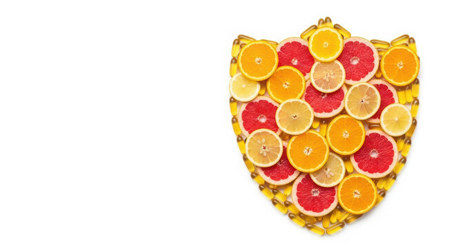 Vibrant arrangement of citrus fruits including oranges, lemons, and grapefruits, creatively displayed on a shield-shaped platter, emphasizing health benefits of fresh produce - Powered by Adobe