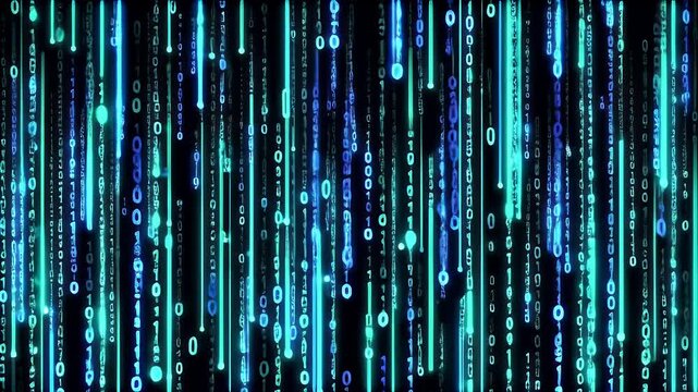 Falling blue binary code digits on black background, matrix style digital rain animation.