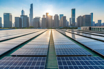 Obraz premium Solar panel rooftop city skyline sunrise renewable energy urban sustainability green roof photovoltaic clean power inspire progress across modern cityscape with sun flare, symmetry, and hopeful