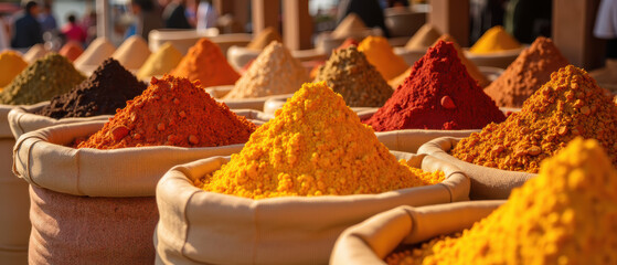 Colorful spices in bags create vibrant market scene, showcasing variety of textures and hues that evoke sense of warmth and richness