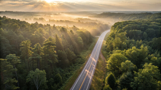 Sunrise forest misty road morning light winding highway sunbeam serene landscape rural nature summer scene green trees aerial view. Golden rays paint quiet winding highway through misty forest