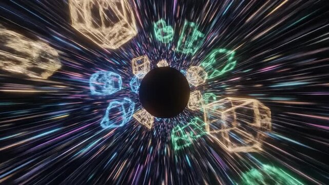 Dynamic three dimensional tunnel animation composed of complex shifting geometric line patterns moving rapidly toward a central empty void technology, void, three