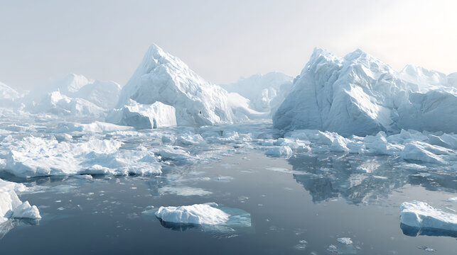 A dense pack of icebergs floating in the calm Arctic ocean