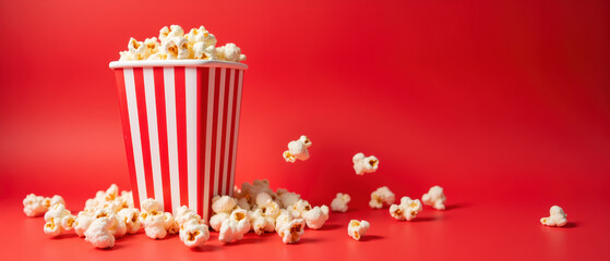 Crispy popcorn in striped container with scattered pieces on vibrant red background creates fun and inviting atmosphere