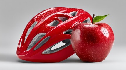 A red helmet sits on top of a red apple