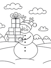 Snowman coloring page for kids. Simple winter outline with festive details. Printable for holiday fun, education, and family activities. Vector illustration