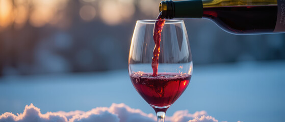 Glass of red wine is filled with rich liquid, set against snowy background during sunset, creating cozy atmosphere