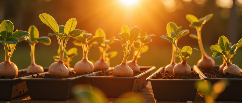 Growing plants pots seedlings sunlight gardening nature agriculture green leaves soil outdoor growth healthy organic spring horticulture