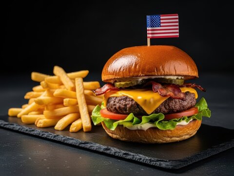 Delicious bacon cheeseburger with french fries and american flag