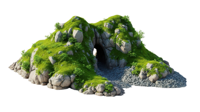 Lush green mountain with rocky cave entrance