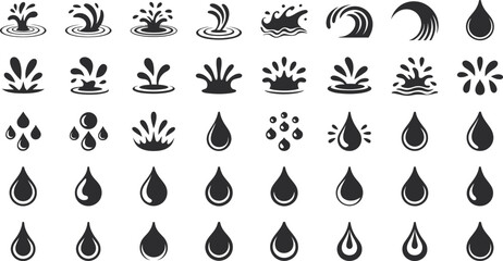 Water splash and drop icons set, liquid wave symbols collection, black water droplet shapes, flat vector illustration isolated on white