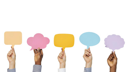 Fototapeta na wymiar Diverse hands hold colorful empty speech bubbles