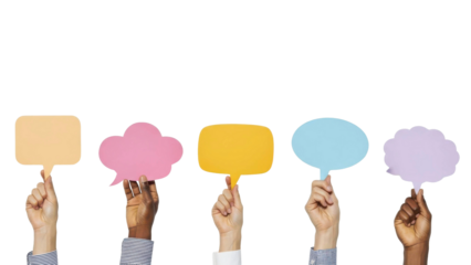 Diverse hands hold colorful empty speech bubbles