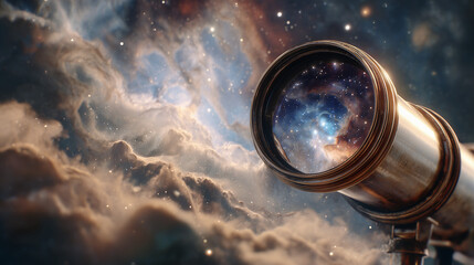 Ai telescope shows view of galaxies and stars in space with clouds around the lens during night