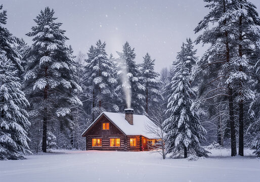 Classic snowy Christmas landscape with pine trees, wooden cabin, gentle snowfall, warm inviting holiday feel - Powered by Adobe