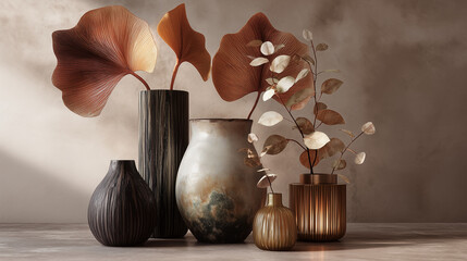Ai decorative vases and leaves displayed on a table in a simple setup within a well-lit room during daytime