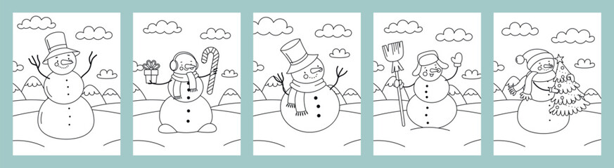 Snowman coloring page for kids. Simple winter outline with festive details. Printable for holiday fun, education, and family activities. Vector illustration