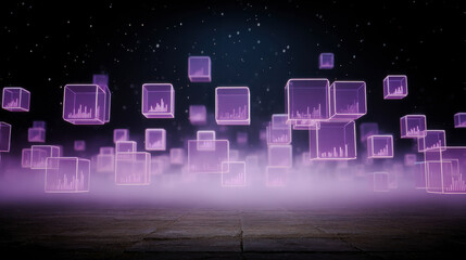Purple glowing cubes representing data analytics and business algorithms