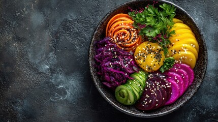 A bowl filled with assorted vegetables is shown. The vegetables include carrots, beets, cucumber, and cabbage. The arrangement presents a vibrant display of colors