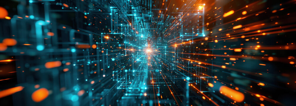 Digital Matrix: An intricate web of interconnected data pathways pulses with electric energy, symbolizing the ever-evolving realm of technology and digital innovation.