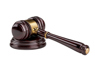 Dark wooden judge s gavel and sounding block isolated on transparent background