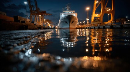 A docked shipping vessel illuminated by glowing lights, its reflection shimmering on calm waters, creating a serene yet industrial atmosphere, capturing the essence of nighttime maritime operations.
