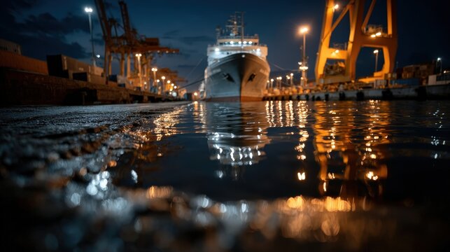 A docked shipping vessel illuminated by glowing lights, its reflection shimmering on calm waters, creating a serene yet industrial atmosphere, capturing the essence of nighttime maritime operations.