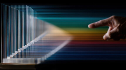 Human hand touching illuminated data lines in abstract future