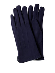 A pair of dark navy blue textured wool gloves isolated on transparent background