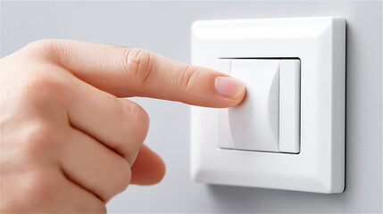 Hand pressing a modern white light switch on a clean wall, symbolizing energy control, home technology and daily routine in a minimalist interior.