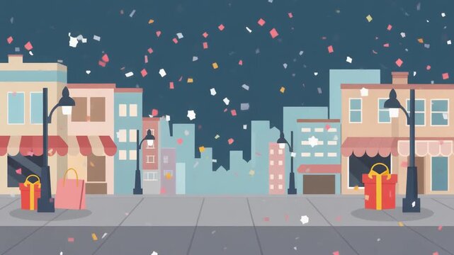 A festive urban street scene at night, featuring colorful confetti falling over gift boxes and shopping bags, creating a vibrant celebration atmosphere.