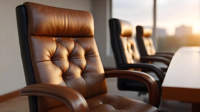 Luxury executive leather chairs arranged in a corporate boardroom bathed in warm golden hour light