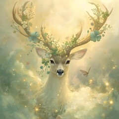 Fantasy deer with elegant antlers adorned with flowers glowing softly in magical light on warm ethereal background illustration