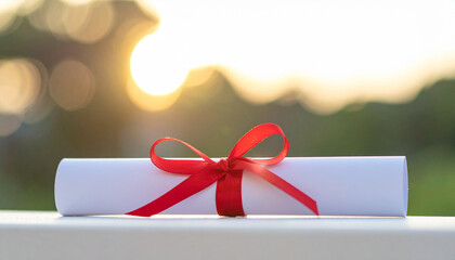 Rolled Certificate Tied with a Red Ribbon on a White Surface with Green Bokeh Background certificate