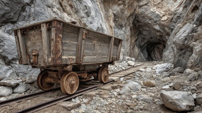 A worn wooden mine cart sits on rusty tracks in a rocky tunnel. The walls of stone surround the cart, showing the rugged nature of the mining environment - Powered by Adobe